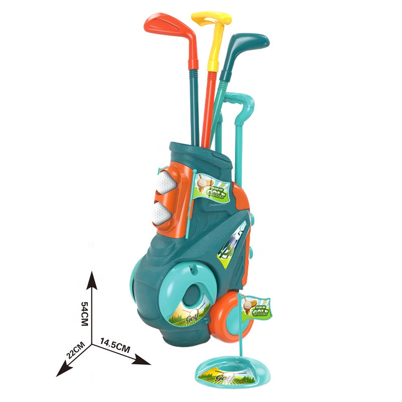 Toy golf set with clubs and bag on a white background