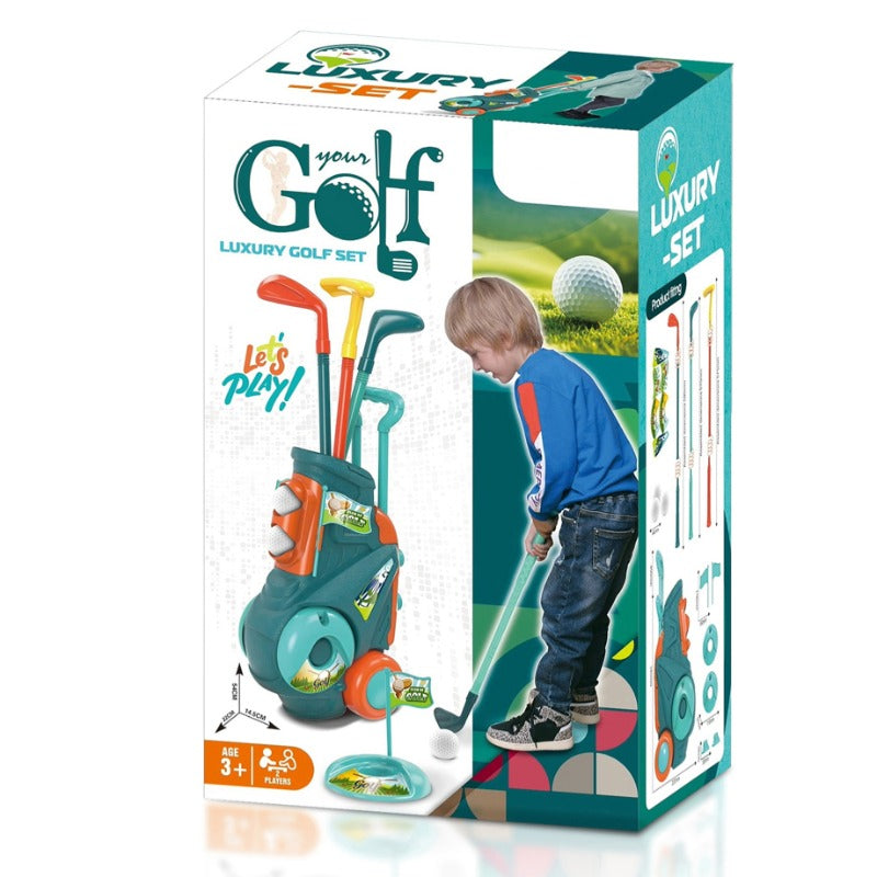Children's golf set packaging with a boy playing golf on a white background