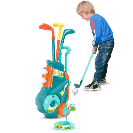 Child playing with a toy golf set on a white background