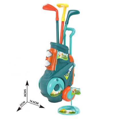 Toy golf set with clubs and bag on a white background
