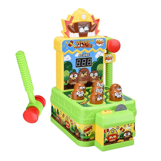 Toy arcade machine with Whac-A-Mole game on a white background