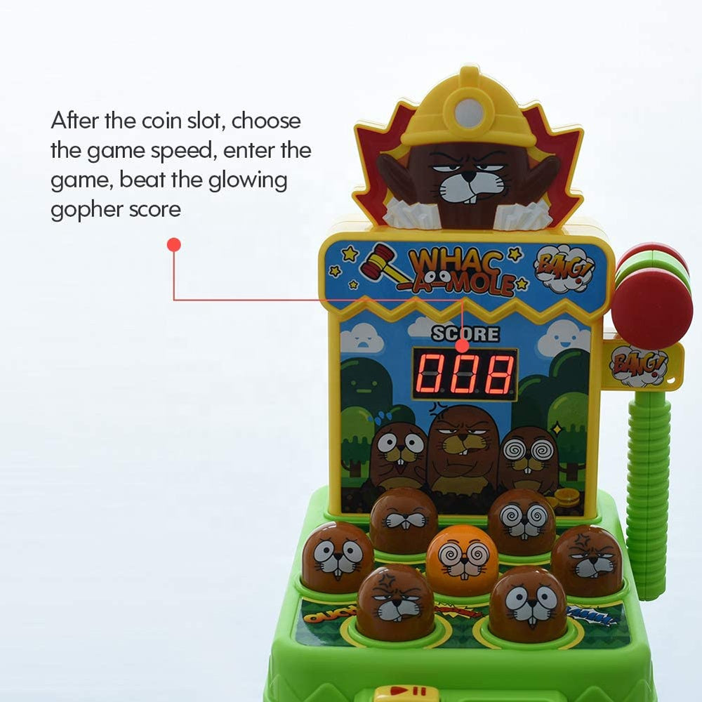 Children's arcade game with cartoon gophers and a digital score display on a white background.