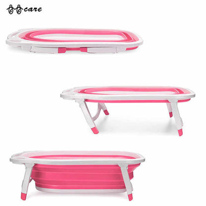 Set of three pink and white folding bathtubs on a white background