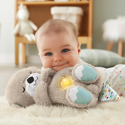 Baby holding a soft toy with a glowing heart in a cozy room.