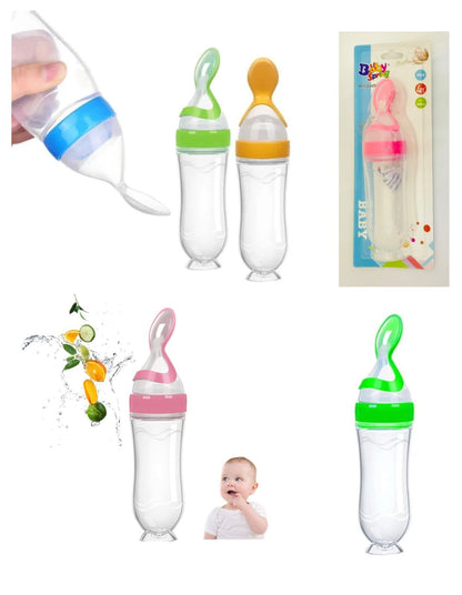 Baby feeding bottles with colorful caps and a baby in the background, with packaging on the side.