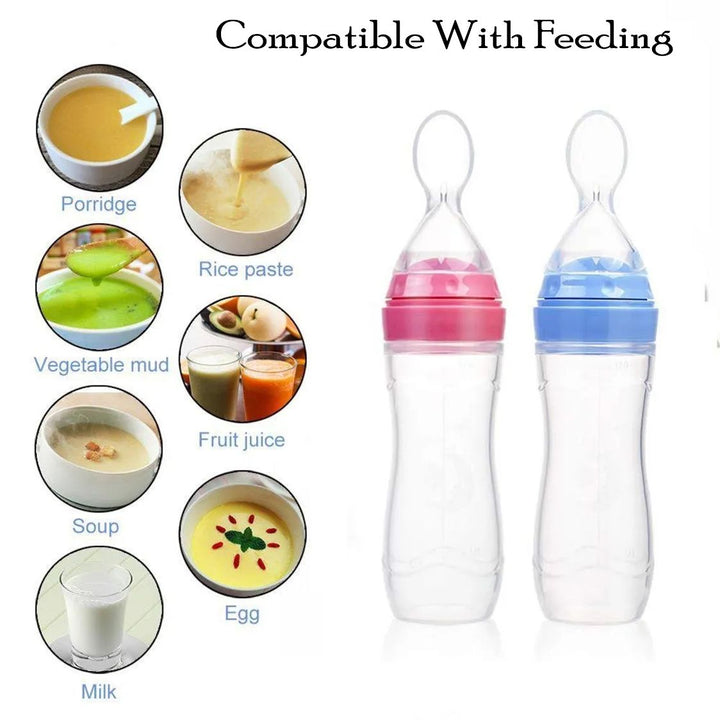Two baby feeding bottles with colorful caps next to images of various baby foods.