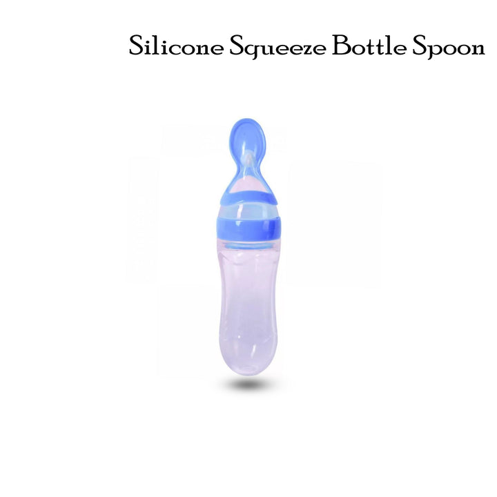 Silicone squeeze bottle spoon with blue lid on a white background