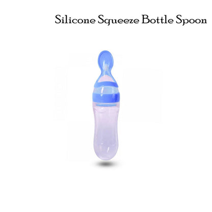 Silicone squeeze bottle spoon with blue lid on a white background